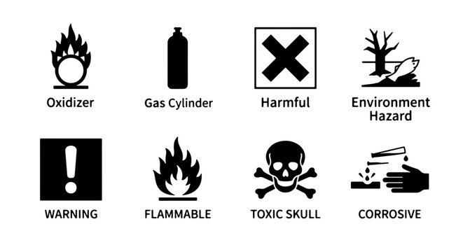 Hazard Symbols Vector Set: Oxidizer, Gas Cylinder, Harmful, Environment, Warning, Flammable, Toxic Skull, Corrosive Icons