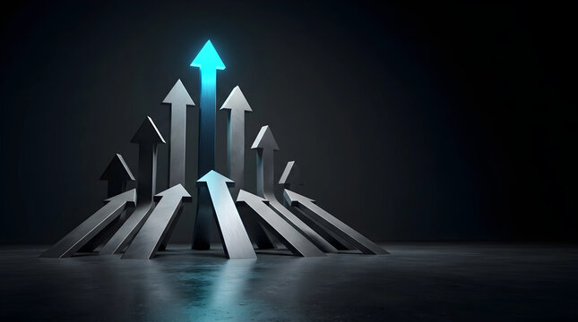 Glowing blue arrow rising above a group of silver arrows, depicting successful corporate teamwork and strong visionary leadership