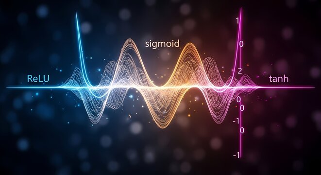 Neural Network Activation Functions Abstract Wave Visualization with Sigmoid ReLU and Tanh Curves