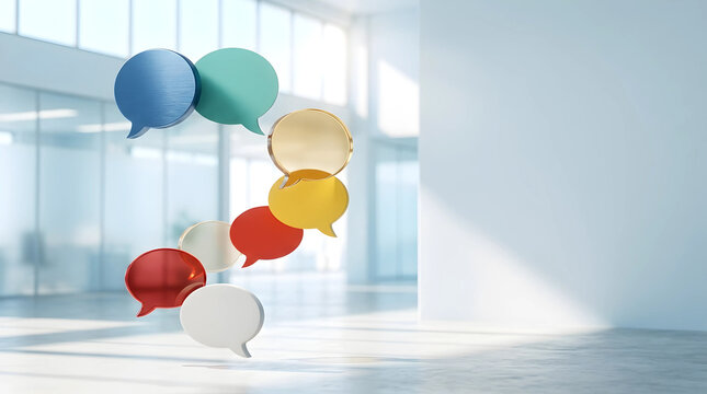 Vibrant 3D speech bubbles floating in a bright, modern office hallway, symbolizing effective teamwork discussion and customer feedback for collaborative business and digital social communication.