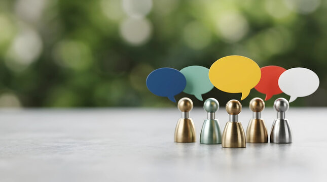 Diverse metallic figurines with colorful speech bubbles representing teamwork discussion and customer feedback in a professional social media or corporate communication concept.
