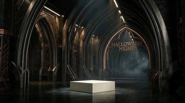 A dark gothic stone altar inside a mysterious haunted castle chamber perfect for a spooky happy halloween holiday background
