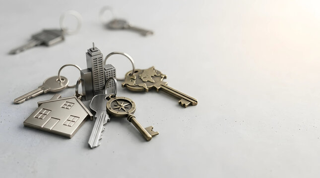 House and skyscraper keys on a neutral background illustrating property investment, mortgage solutions, and residential home ownership.