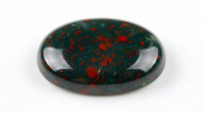 Polished bloodstone gemstone with dark green and red spots isolated on a white background for jewelry design and spiritual healing practices