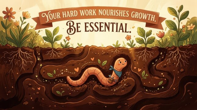 Cute cartoon earthworm in soil, surrounded by plant roots and flowers, with inspirational text about hard work and growth.