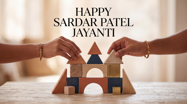 Celebratory arrangement of colorful wooden blocks depicting a festive message for Sardar Patel Jayanti with two hands assembling