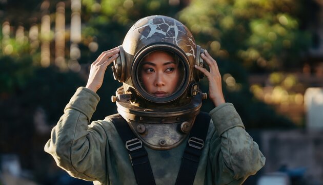 Woman in vintage diving helmet preparing for underwater exploration.