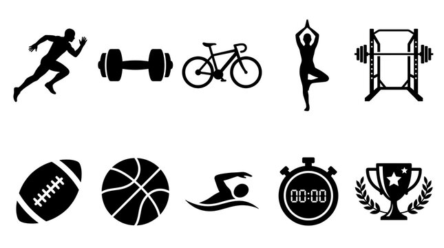 Fitness icons representing sports exercise and healthy lifestyle activities with clean silhouettes against a neutral setting