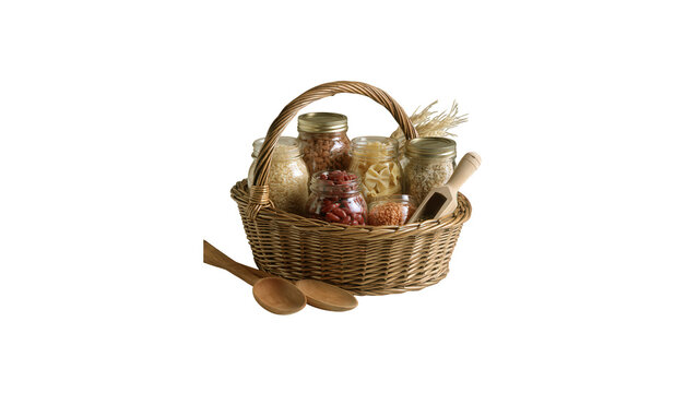 Wicker basket filled with jars of pantry staples with grains legumes on transparent background