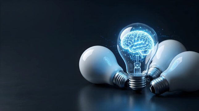 A glowing digital brain inside a light bulb represents an artificial intelligence breakthrough, a creative idea, and unique tech innovation for futuristic machine learning and human logic.