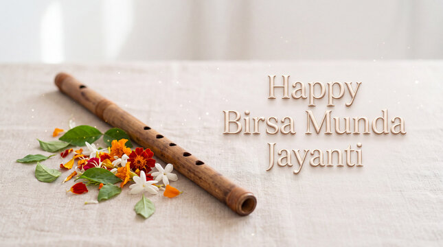 Traditional wooden flute accompanied by colorful flowers and heartfelt greeting for Borsa Munda Jayanti celebration