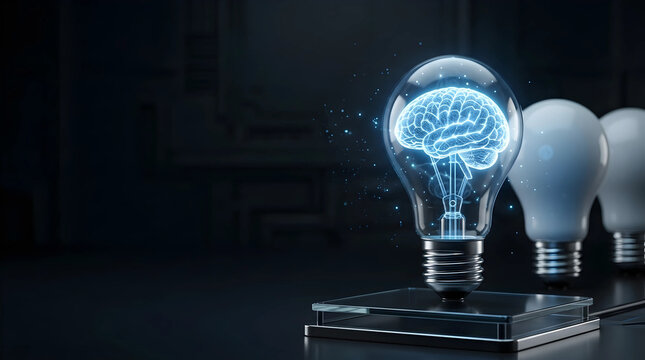 Futuristic glowing digital brain inside a lightbulb representing an artificial intelligence breakthrough, creative thinking, and a unique tech innovation for the modern digital era concept.