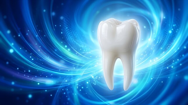 A single human tooth is brightly illuminated by vibrant swirling blue energy symbolizing dental health and hygiene ideals for advertising campaigns and