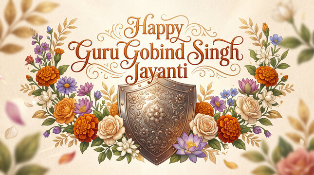 Celebratory greeting card for Guru Gobind Singh Jayanti with floral motifs and symbolic shield design