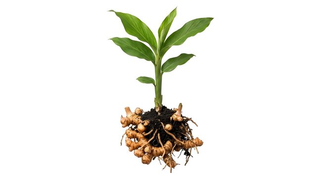 Leaves and organic rhizome roots pulled from the ground isolated on a clean white background for culinary use