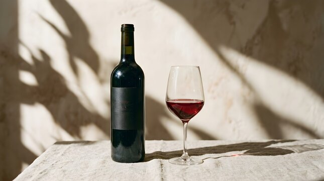 Elegant still life composition featuring a dark glass bottle of red wine and a partially filled wine glass bathed in sunlight
