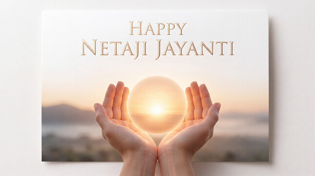 Spiritual hands gently holding a glowing orb with serene landscape background for Netaji Jayanti celebration