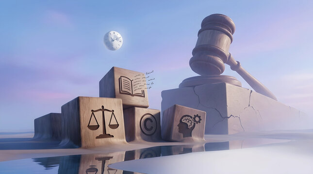 Conceptual 3D illustration of copyright document and justice symbols with wooden blocks, a judge gavel, and a clock representing intellectual property law and legal protection.