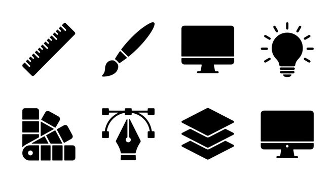 Graphic Design Icons Set, Creative Tools Vector Collection, Digital Art Elements, Web Development Symbols, Black Silhouette Graphics