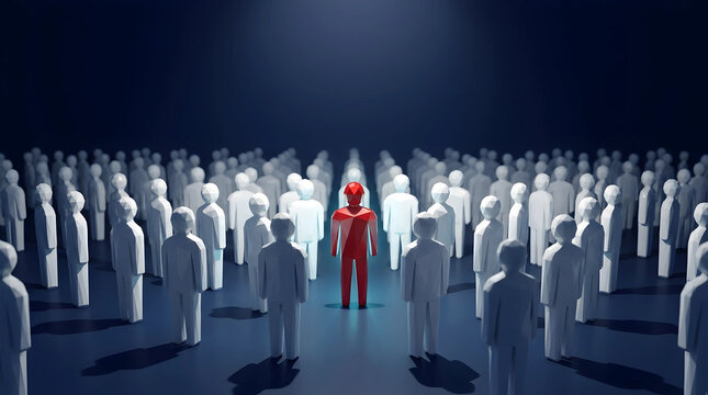 Red low poly figure stands out in a white crowd under spotlight, illustrating leadership concept and unique personality in business
