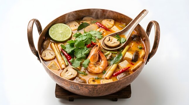 Delicious spicy thai tom yum goong shrimp soup served in a traditional copper pot with fresh herbs and mushrooms isolated on a white background