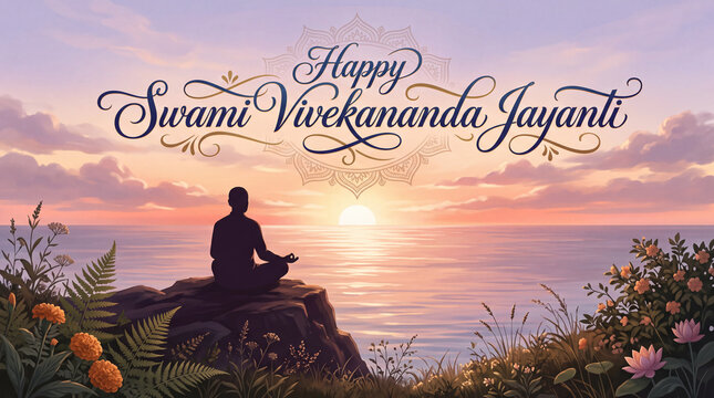 Serene silhouette of a person meditating by the sea during sunset celebrating Swami Vivekananda Jayanti with tranquil natural