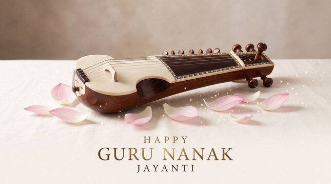 Elegant sitar instrument adorned with delicate pink flower petals for Guru Nanak Jayanti celebration and spiritual homage in