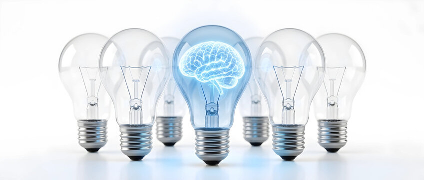 Advanced artificial intelligence breakthrough featuring a glowing digital brain inside a lightbulb, representing a unique tech innovation and creative idea standing out from the crowd.