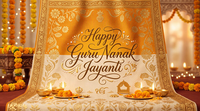 Festive Indian Guru Nanak Jayanti celebration setup with traditional decorations and floral accents