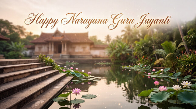 Celebrating Narayana Guru Jayanti with serene water lilies and traditional architecture in a tranquil setting