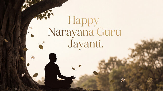 Peaceful silhouette of a person meditating under a large tree celebrating Narayana Guru Jayanti with floating leaves and