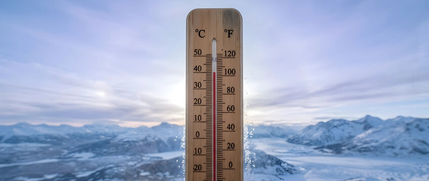 Photorealistic wooden thermometer showing high heat against snowy mountain peaks, representing global warming, climate change, and extreme weather paradox in a frozen environment.