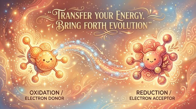 Cute Cartoon Molecules Illustrating Oxidation and Reduction in a Cosmic, Energetic Background with Glowing Particles