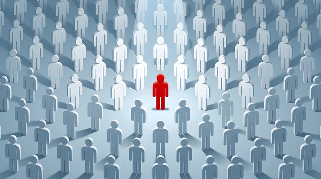 A red figure stands out from a crowd of gray icons representing a unique leadership concept and professional individuality in business.