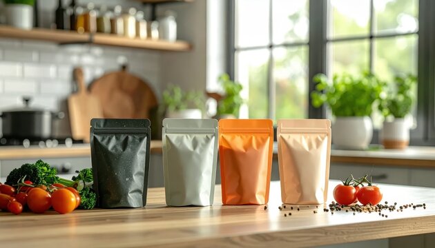 Four Pouches of Food Products on a Kitchen Countertop.