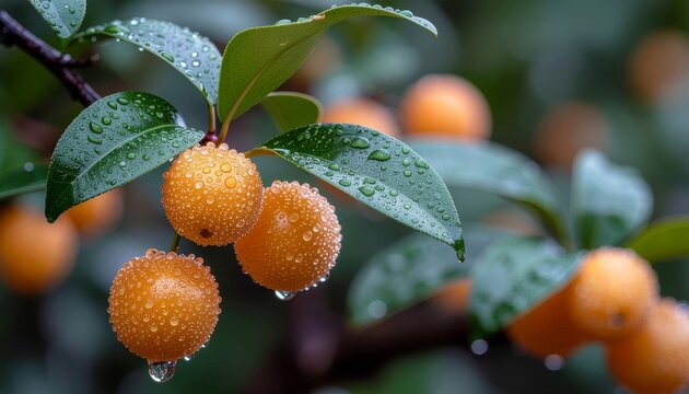 Close-up of orange fruits with water droplets on a tree branch.
