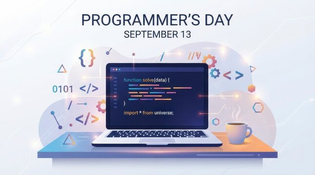 Programmer's day illustration with laptop showing code on september 13