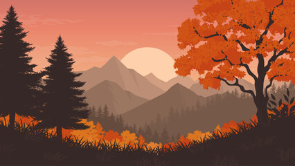 Obraz premium Autumn Sunset Mountain Landscape with Silhouette Trees