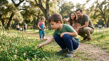 Fototapeta premium A family enjoying a picnic in a lush green park with a young boy picking flowers, a girl in a dress, and a man and woman in the background.
