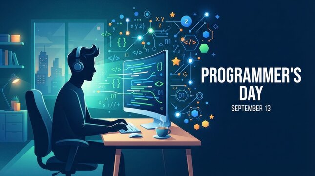 Programmer working at desk with code on computer screen celebrating programmer's day