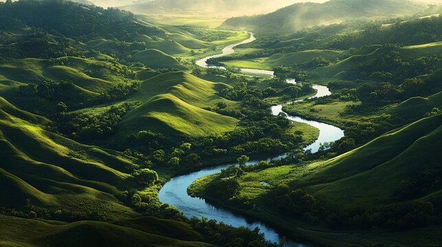 Serene Green Valley with Rolling Hills and Meandering River Under Cloudy Sky