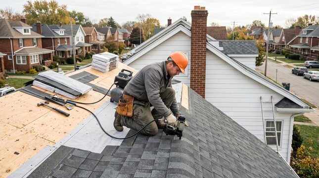 Skilled roofer installing shingles on a residential roof in autumn