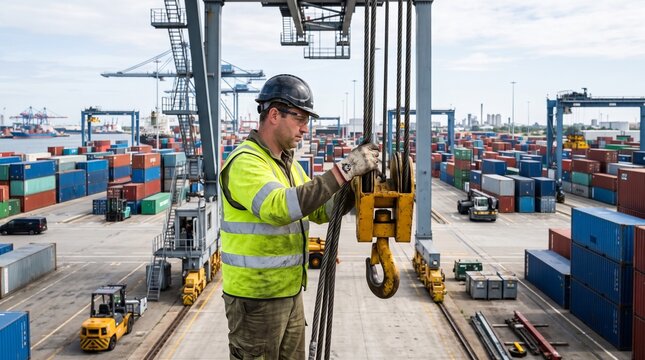 Crane operator working in a bustling shipping container terminal