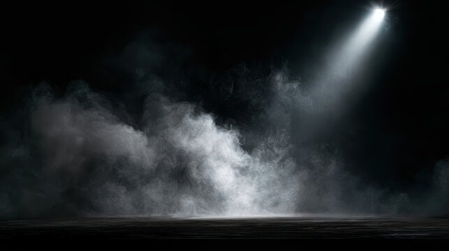Dramatic black stage backdrop with a single white spotlight and swirling smoke
