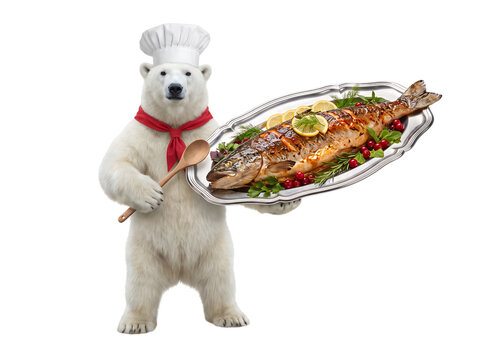 Funny polar bear chef holding a tray with baked fish transparent background