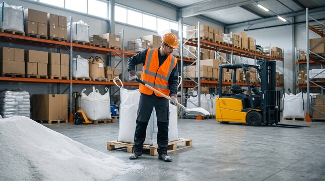 Warehouse employee handling large quantities of materials while wearing safety gear