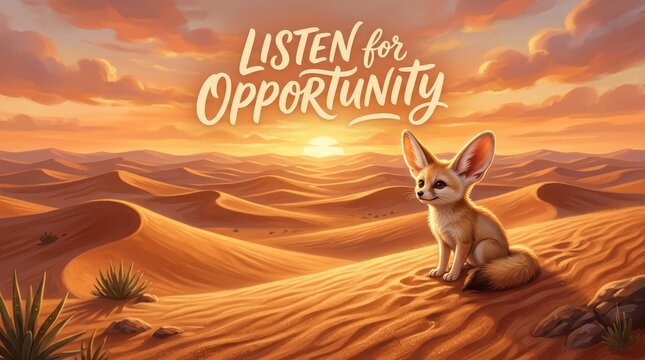 Cute Fennec Fox in Desert Dunes at Sunset, Listening for Opportunity, Inspiring Concept