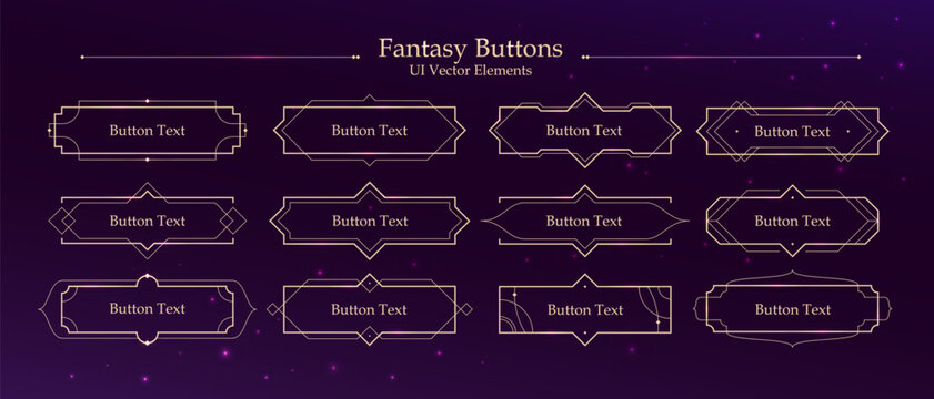 Fantasy buttons UI vector elements pack for mobile RPG game interface asset with golden thin line frames borders and vintage magic decorations set on dark cosmic background with stars