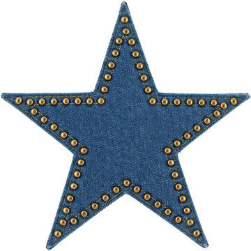 Blue denim fabric star patch embellished with metallic gold studs isolated on a transparent background