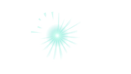 Fototapeta premium Cyan sunburst with radiating light rays and a glowing central sphere on a white background, for visual effects